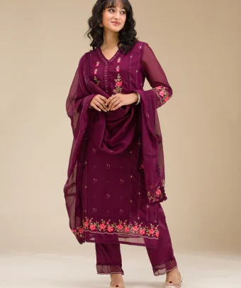 Wine Threadwork Crepe Readymade Salwar Suit