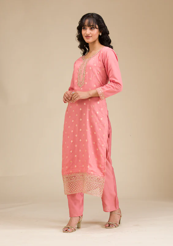 Peach Cording Chanderi Readymade Salwar Suit - Image 2