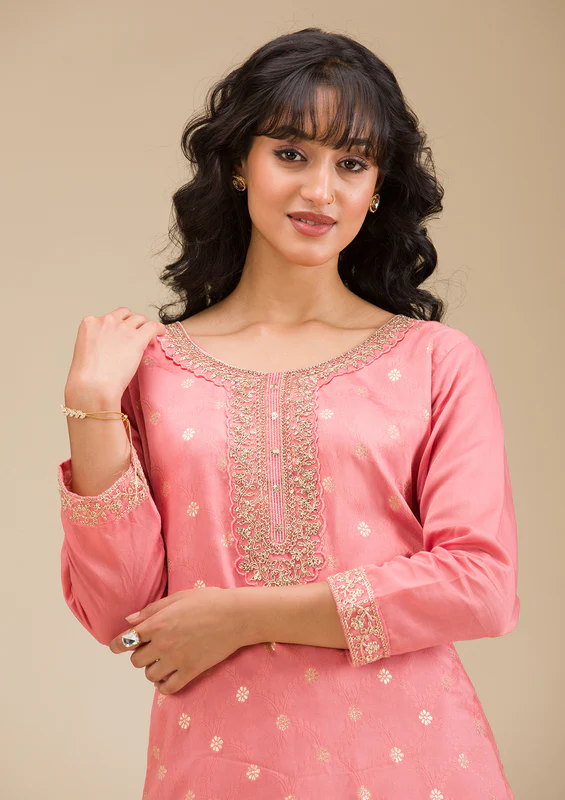 Peach Cording Chanderi Readymade Salwar Suit - Image 3