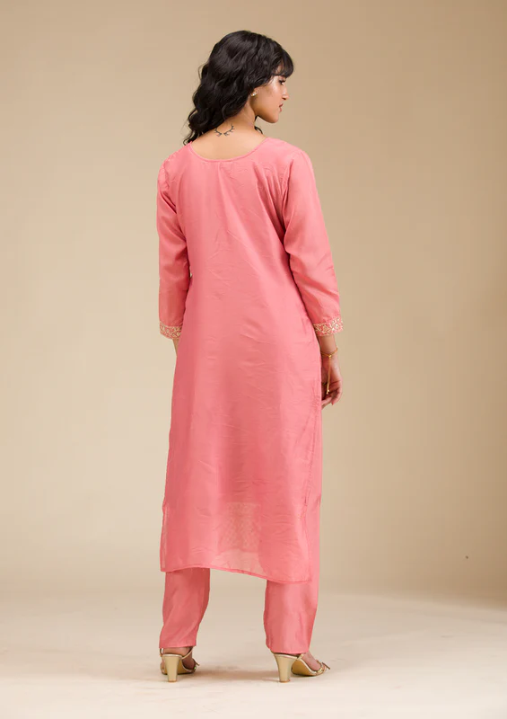 Peach Cording Chanderi Readymade Salwar Suit - Image 4
