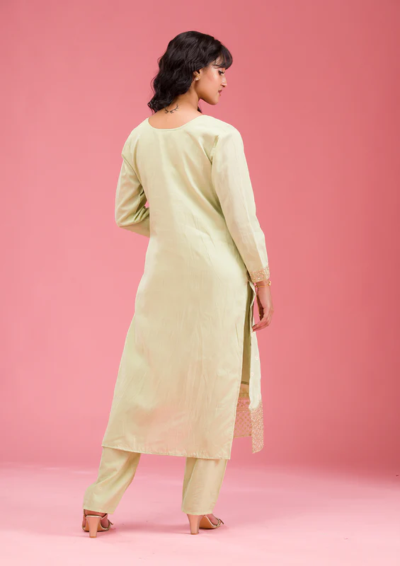 Pista Green Cording Chanderi Readymade Salwar Suit - Image 4
