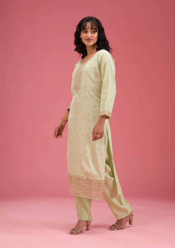 Pista Green Cording Chanderi Readymade Salwar Suit - Image 2