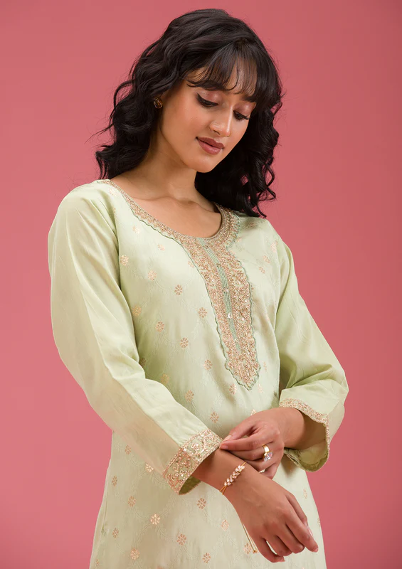Pista Green Cording Chanderi Readymade Salwar Suit - Image 3