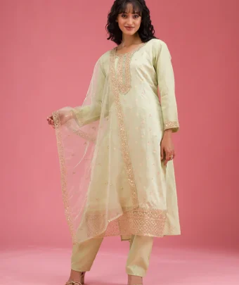 Pista Green Cording Chanderi Readymade Salwar Suit