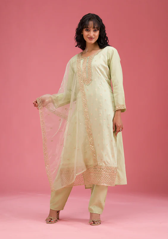 Pista Green Cording Chanderi Readymade Salwar Suit