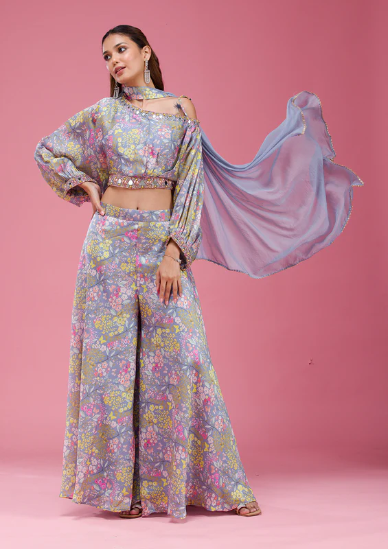 Grey Cutdana Crepe Readymade Salwar Suit