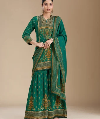 Teal Green Printed Crepe Readymade Salwar Suit