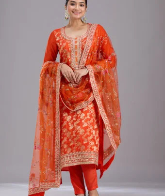 Orange Zariwork Brocade Readymade Salwar Suit