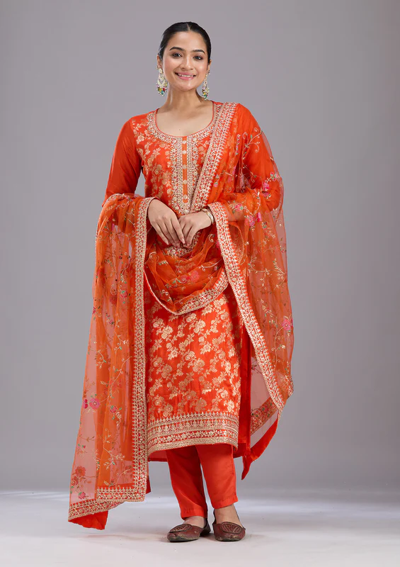 Orange Zariwork Brocade Readymade Salwar Suit - Image 2