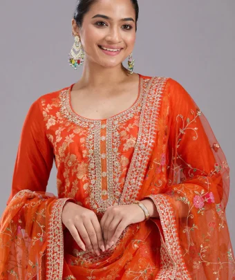 Orange Zariwork Brocade Readymade Salwar Suit