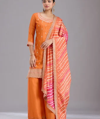 Orange Sequins Soft Raw Silk Readymade Salwar Suit
