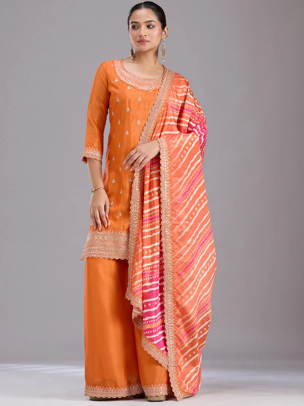 Orange Sequins Soft Raw Silk Readymade Salwar Suit