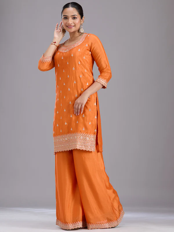 Orange Sequins Soft Raw Silk Readymade Salwar Suit - Image 4
