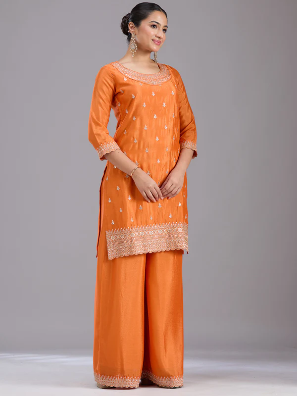 Orange Sequins Soft Raw Silk Readymade Salwar Suit - Image 3
