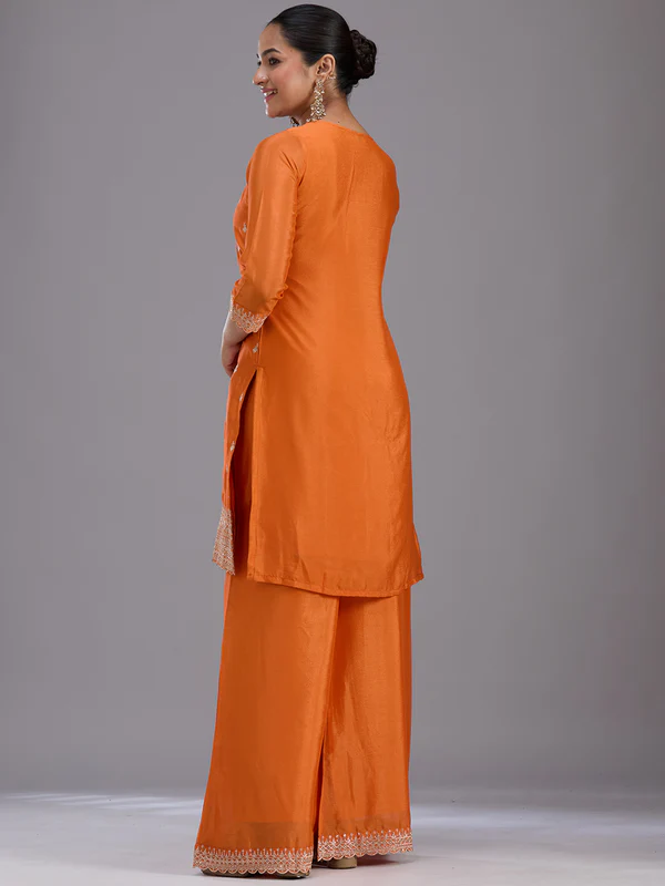 Orange Sequins Soft Raw Silk Readymade Salwar Suit - Image 2