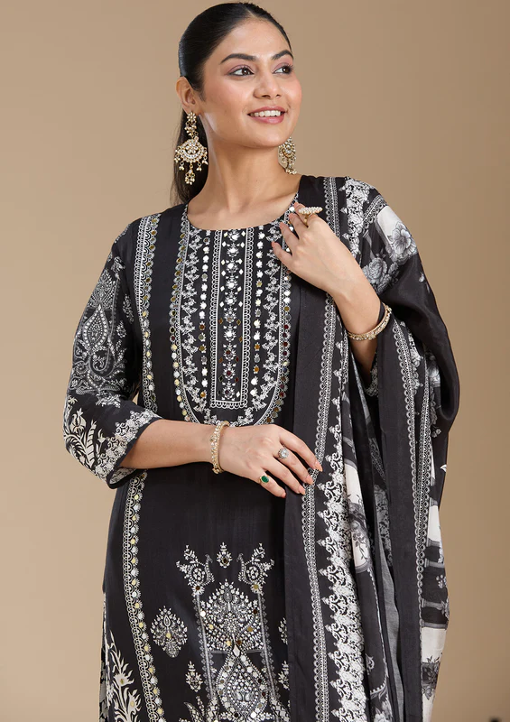 Black Printed Crepe Readymade Salwar Suit - Image 3