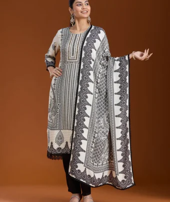 Off White Printed Crepe Readymade Salwar Suit