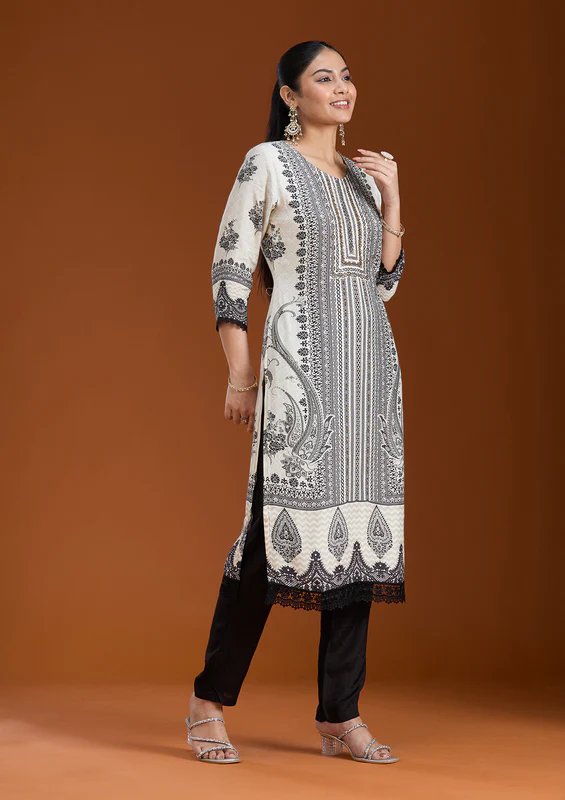 Off White Printed Crepe Readymade Salwar Suit - Image 2