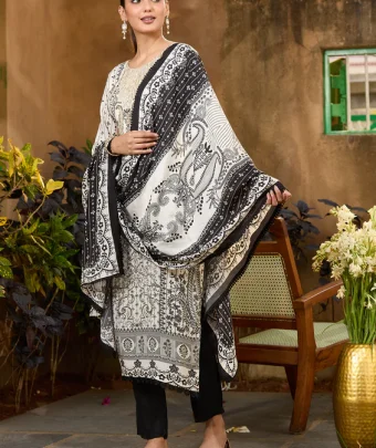 Off White Printed Crepe Readymade Salwar Suit