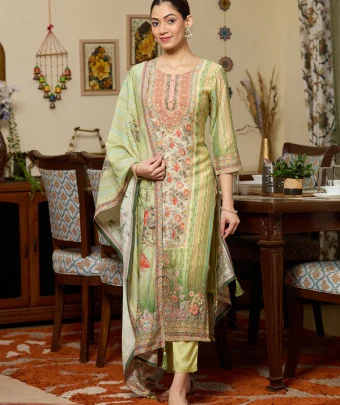 Pista Green Printed Crepe Readymade Salwar Suit