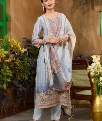 Sky Blue Printed Crepe Readymade Salwar Suit