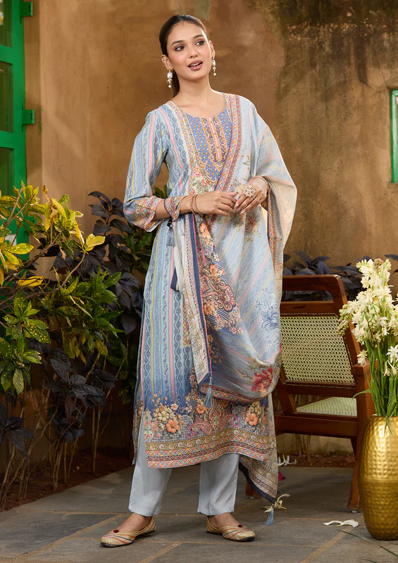 Sky Blue Printed Crepe Readymade Salwar Suit