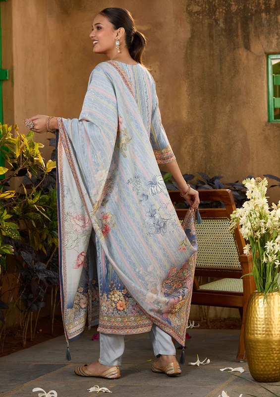 Sky Blue Printed Crepe Readymade Salwar Suit - Image 4