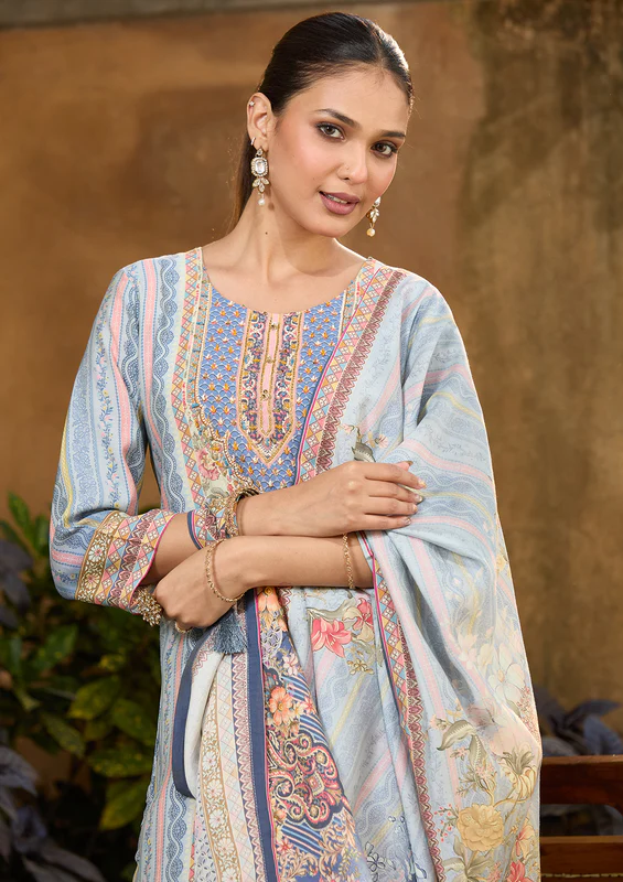 Sky Blue Printed Crepe Readymade Salwar Suit - Image 3