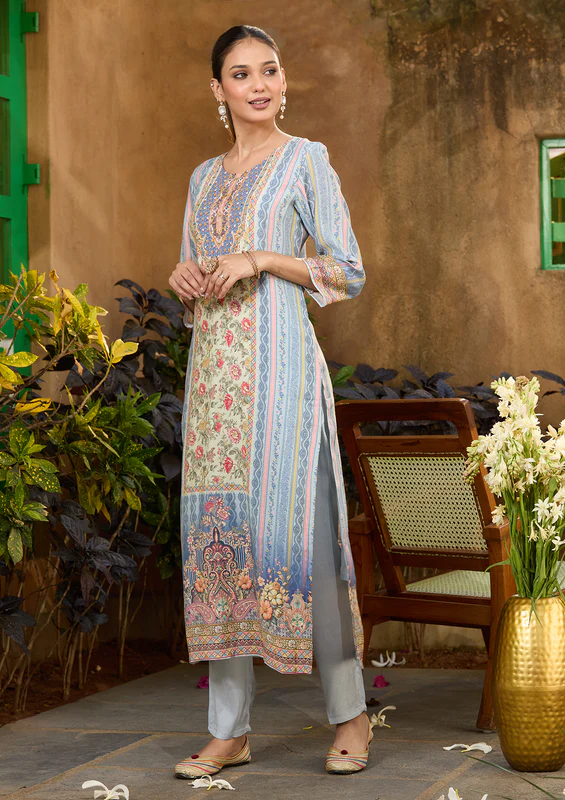 Sky Blue Printed Crepe Readymade Salwar Suit - Image 2