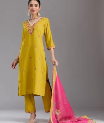 Mustard Yellow Threadwork Chanderi Readymade Salwar Suit