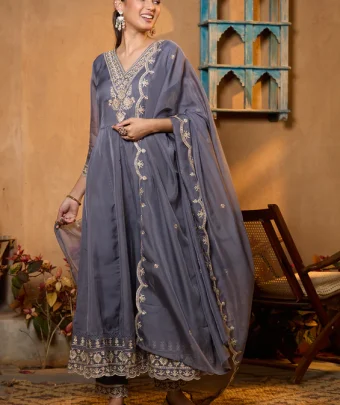 Grey Zariwork (Gold) Organza Readymade Salwar Suit