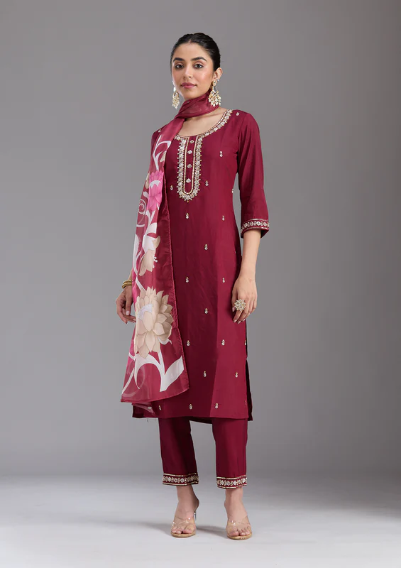 Maroon Cutdana Chanderi Readymade Salwar Suit - Image 2