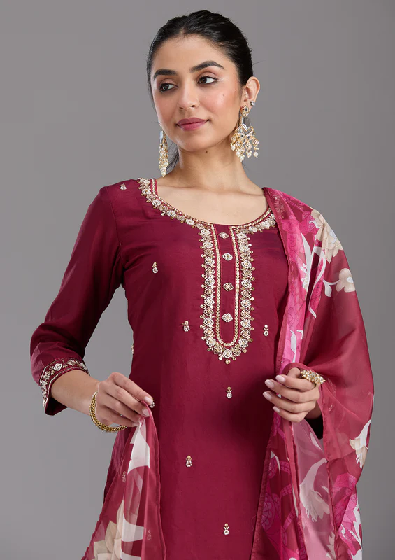 Maroon Cutdana Chanderi Readymade Salwar Suit - Image 3