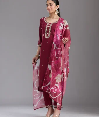 Maroon Cutdana Chanderi Readymade Salwar Suit