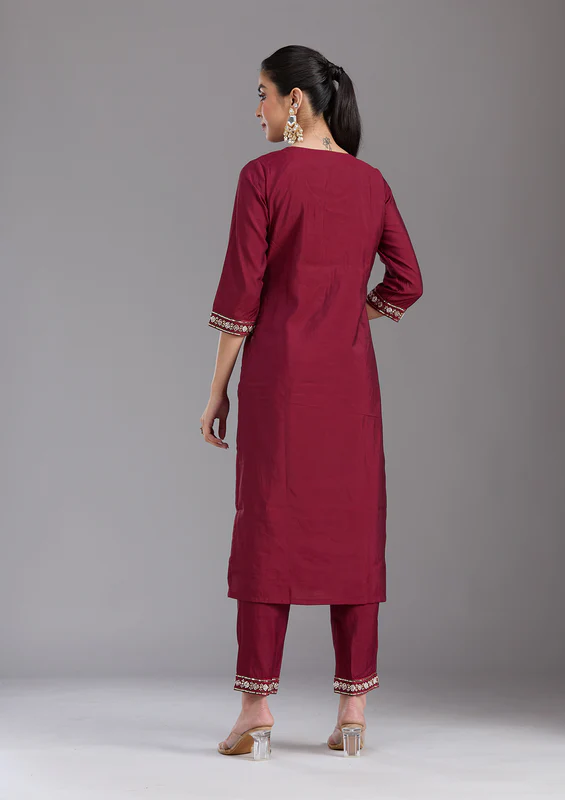 Maroon Cutdana Chanderi Readymade Salwar Suit - Image 4
