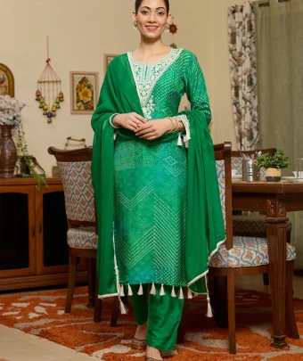 Leaf Green Threadwork Crepe Readymade Salwar Suit