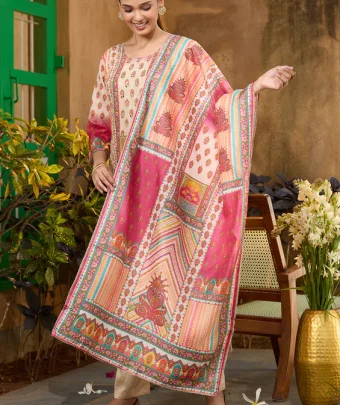 Beige Mirrorwork Tissue Readymade Salwar Suit