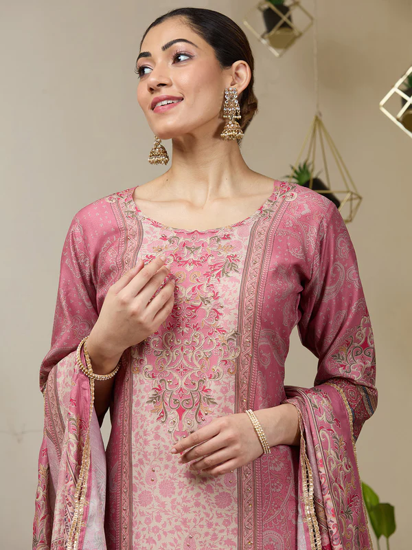 Onion Pink Stonework Tissue Readymade Salwar Suit - Image 3