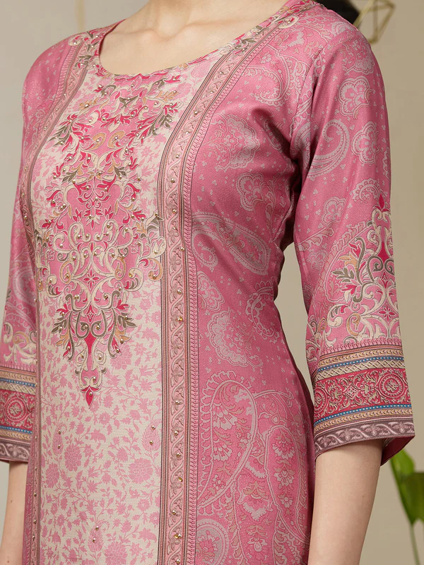 Onion Pink Stonework Tissue Readymade Salwar Suit - Image 2