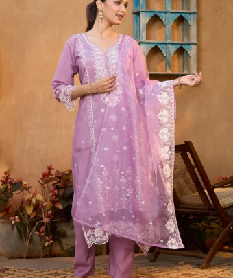 Mauve Threadwork Chanderi Readymade Salwar Suit