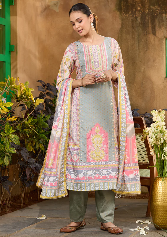 Pista Green Stonework Tissue Readymade Salwar Suit