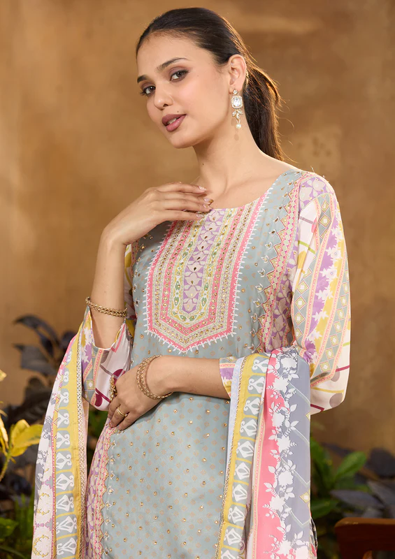 Pista Green Stonework Tissue Readymade Salwar Suit - Image 3