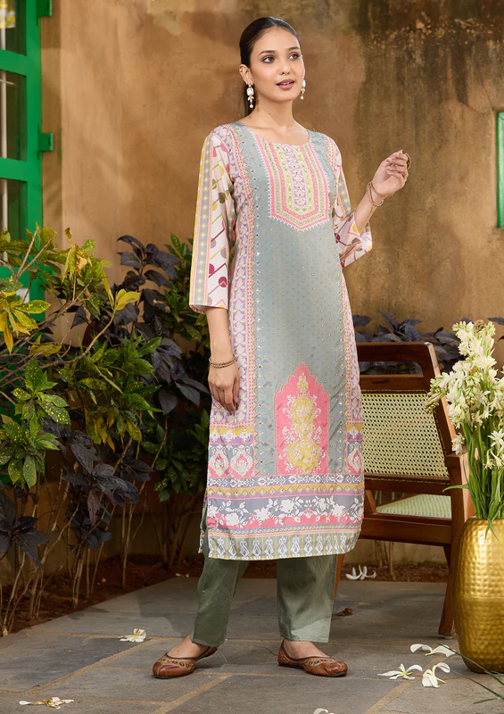 Pista Green Stonework Tissue Readymade Salwar Suit - Image 2