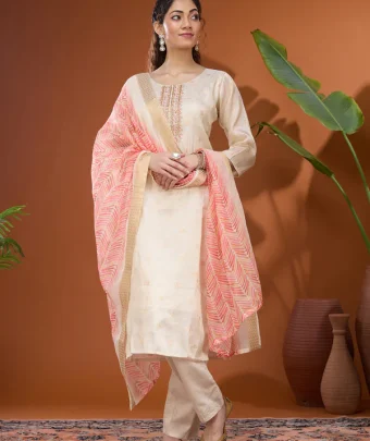 Cream Threadwork Brocade Readymade Salwar Suit