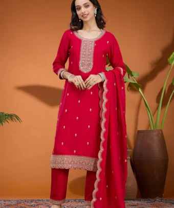 Rani Pink Zariwork Soft Raw Silk Readymade Salwar Suit