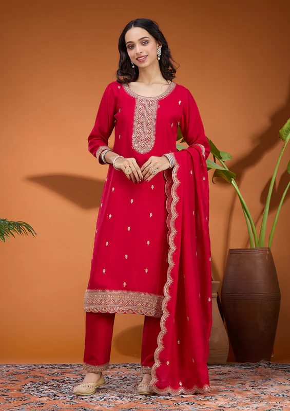 Rani Pink Zariwork Soft Raw Silk Readymade Salwar Suit