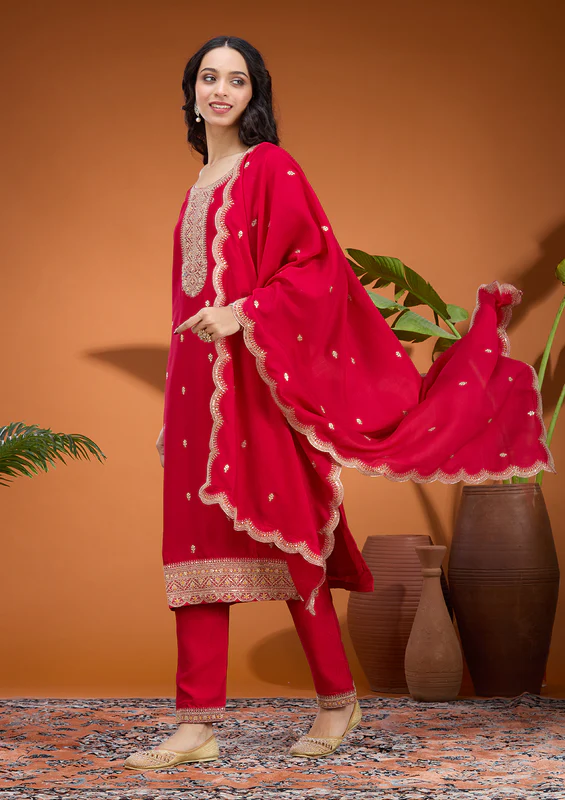 Rani Pink Zariwork Soft Raw Silk Readymade Salwar Suit - Image 3