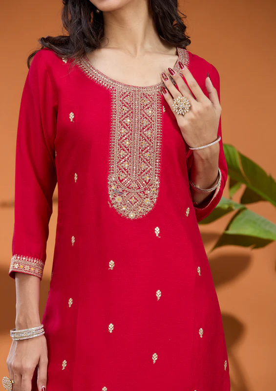Rani Pink Zariwork Soft Raw Silk Readymade Salwar Suit - Image 2
