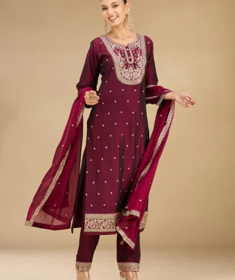 Wine Threadwork Soft Raw Silk Readymade Salwar Suit