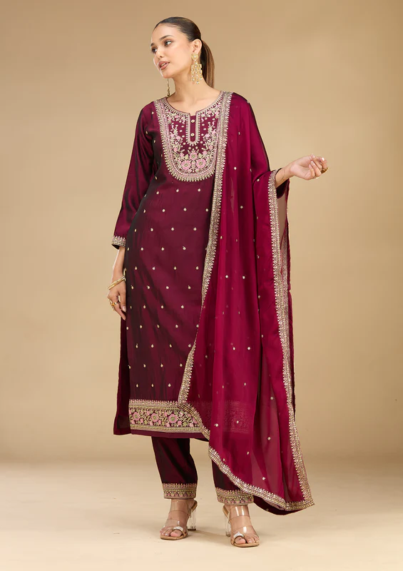 Wine Threadwork Soft Raw Silk Readymade Salwar Suit - Image 4